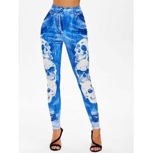 

Skull 3D Print High Waisted Skinny Leggings, Light blue