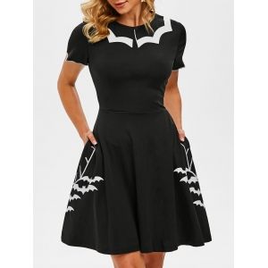 

Flat Collar Halloween Bat Print Side Pocket Dress, Black