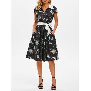 

Sun Moon Star Mock Button V Notch Dress, Black