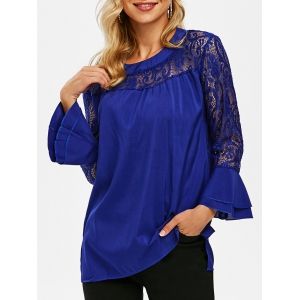 

Lace Panel Layered Flare Sleeve Blouse, Blue