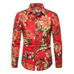 

Casual Peony Flower Print Button Up Shirt, Ruby red