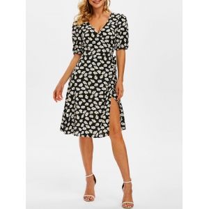 

Print Daisy Flower Wrap Puff Sleeve Dress, Black