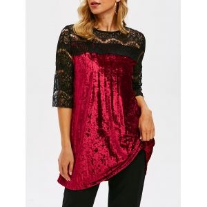 

Lace Panel Crushed Velvet Longline Top, Deep red