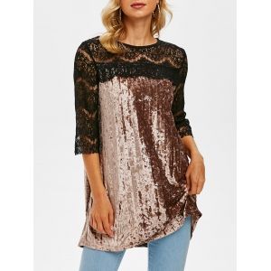 

Lace Panel Crushed Velvet Longline Top, Light coffee