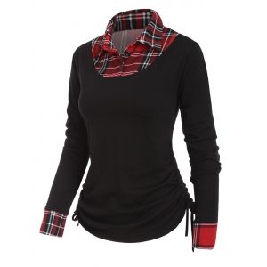 

Button Placket Shirt Collar Plaid Insert T-shirt, Black