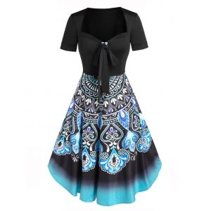 

Bohemian Floral Print Bowknot Fit And Flare Dress, Multi a