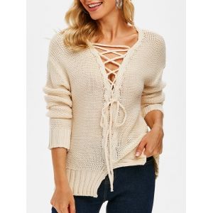 

Lace-up Cable Knit Drop Shoulder Sweater, Light yellow