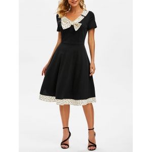 

Polka Dot Bowknot V Neck Vintage Dress, Black