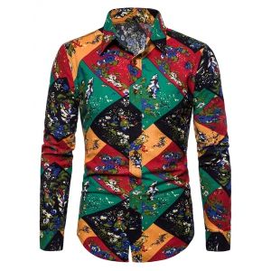 

Floral Pattern Block Lounge Turn-down Collar Shirt, Seaweed green