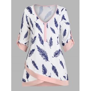 

Plus Size Feather Print Roll Up Sleeve Top, White