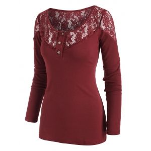 

Flower Lace Long Sleeve Henley T-shirt, Deep red