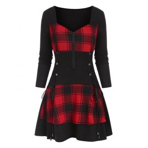 

Plaid Lace Up Sweetheart Mini Dress, Red