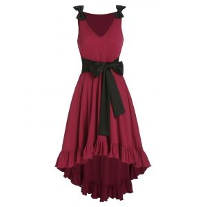 

Bowknot Ruffle High Low A Line Dress, Red wine