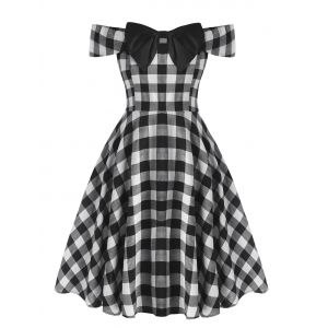 

Plus Size Bowknot Off Shoulder Checked Dress, Black