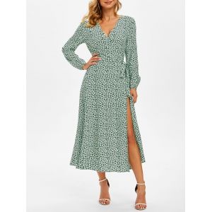 

Floral Print Long Sleeve Belted Surplice Dress, Medium sea green