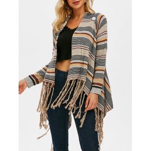 

Draped Front Fringed Striped Cardigan, Light gray