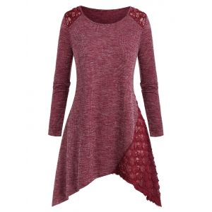 

Plus Size Lace Insert Heathered Asymmetric Knitwear, Red wine