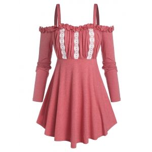

Plus Size Ruffle Lace Panel Cold Shoulder Tee, Cherry red