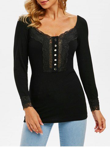 Lace Panel Button Embellished Ribbed Knitwear - BLACK - XL