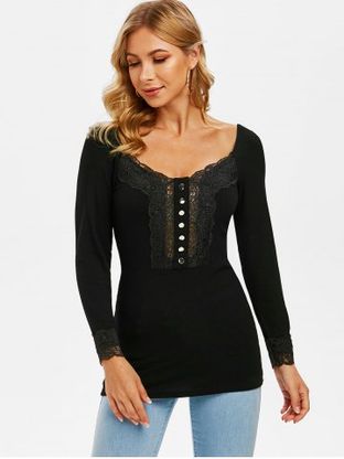 Lace Panel Button Embellished Ribbed Knitwear