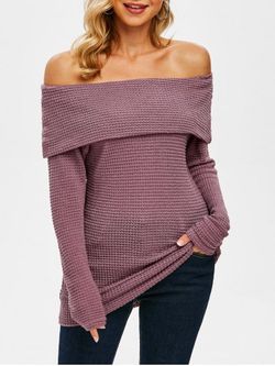 Off Shoulder Foldover Knitted Sweater - DEEP RED - L