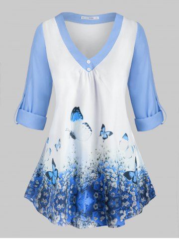 Plus Size Butterfly Print Roll Up Sleeve Top - LIGHT BLUE - L