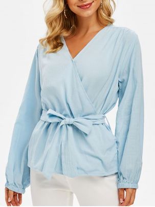 Solid Belted Surplice Blouse