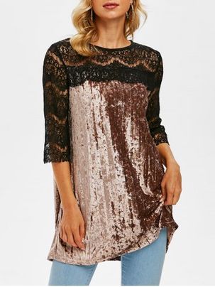 Lace Panel Crushed Velvet Longline Top