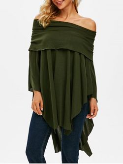 Off Shoulder Foldover Poncho Sweater - DEEP GREEN - XL