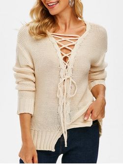 Lace-up Cable Knit Drop Shoulder Sweater - LIGHT YELLOW - L
