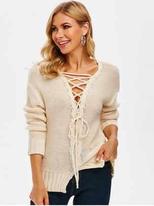 Lace-up Cable Knit Drop Shoulder Sweater