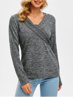 V Neck Cable Knit Heathered Knitwear - GRAY - M