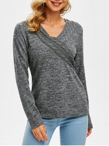 V Neck Cable Knit Heathered Knitwear - GRAY - L