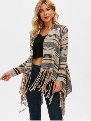 Draped Front Fringed Striped Cardigan