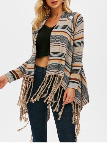 Draped Front Fringed Striped Cardigan - LIGHT GRAY - S