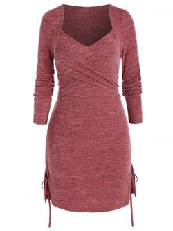 Plus Size Crossover Cinched Tie Ruched Knit Dress - CHERRY RED - 4X