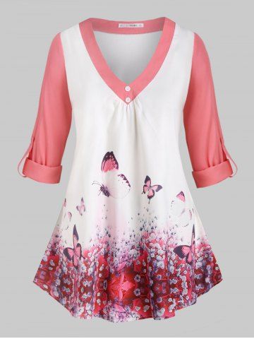 Plus Size Butterfly Print Roll Up Sleeve Top - RED - 4X
