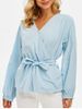 Solid Belted Surplice Blouse -  
