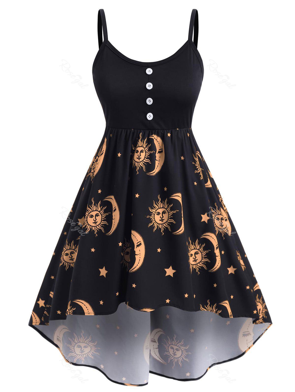 

Plus Size High Low Sun Moon Print Dress, Golden