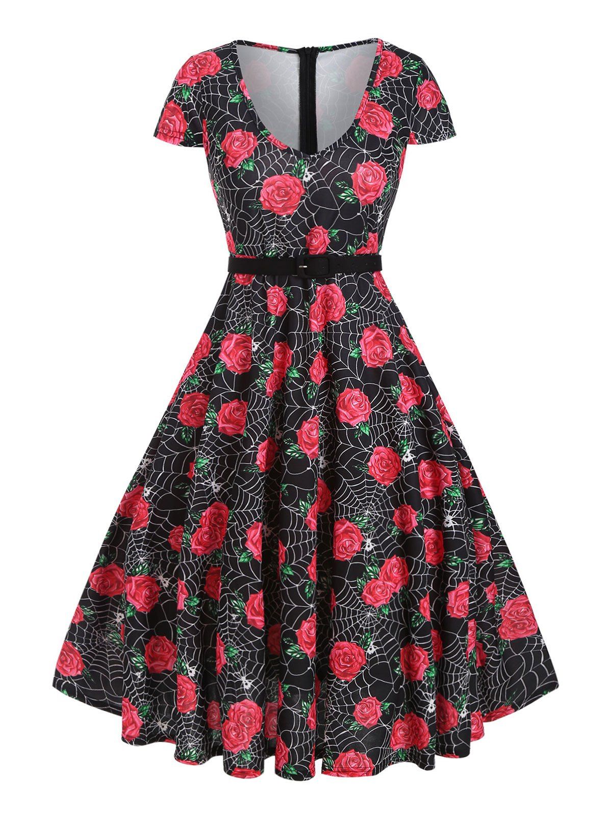 

Halloween Spider Web Rose Print Cap Sleeve Dress, Red