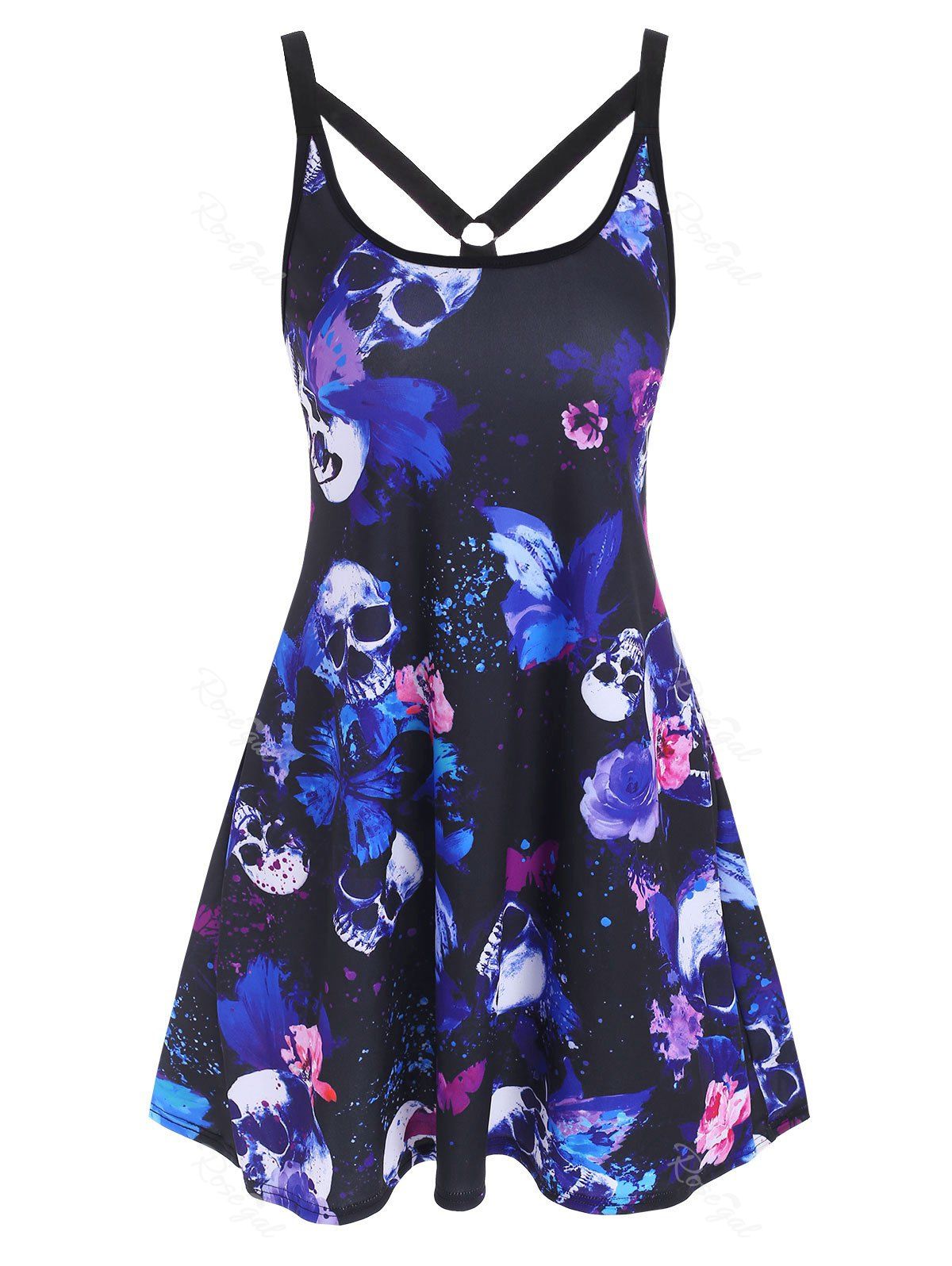 

O Ring Strappy Skull Butterfly Print Tank Dress, Lavender blue