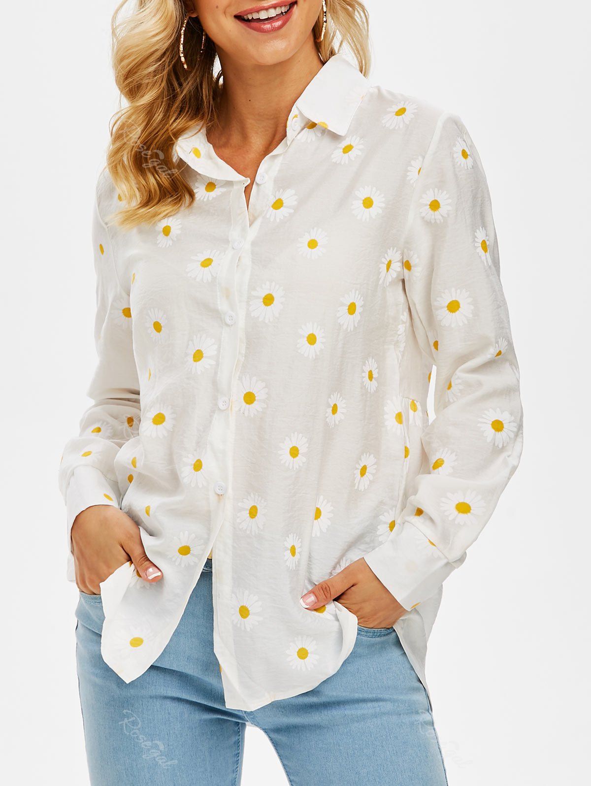 Chic Button Up Daisy Print Shirt  