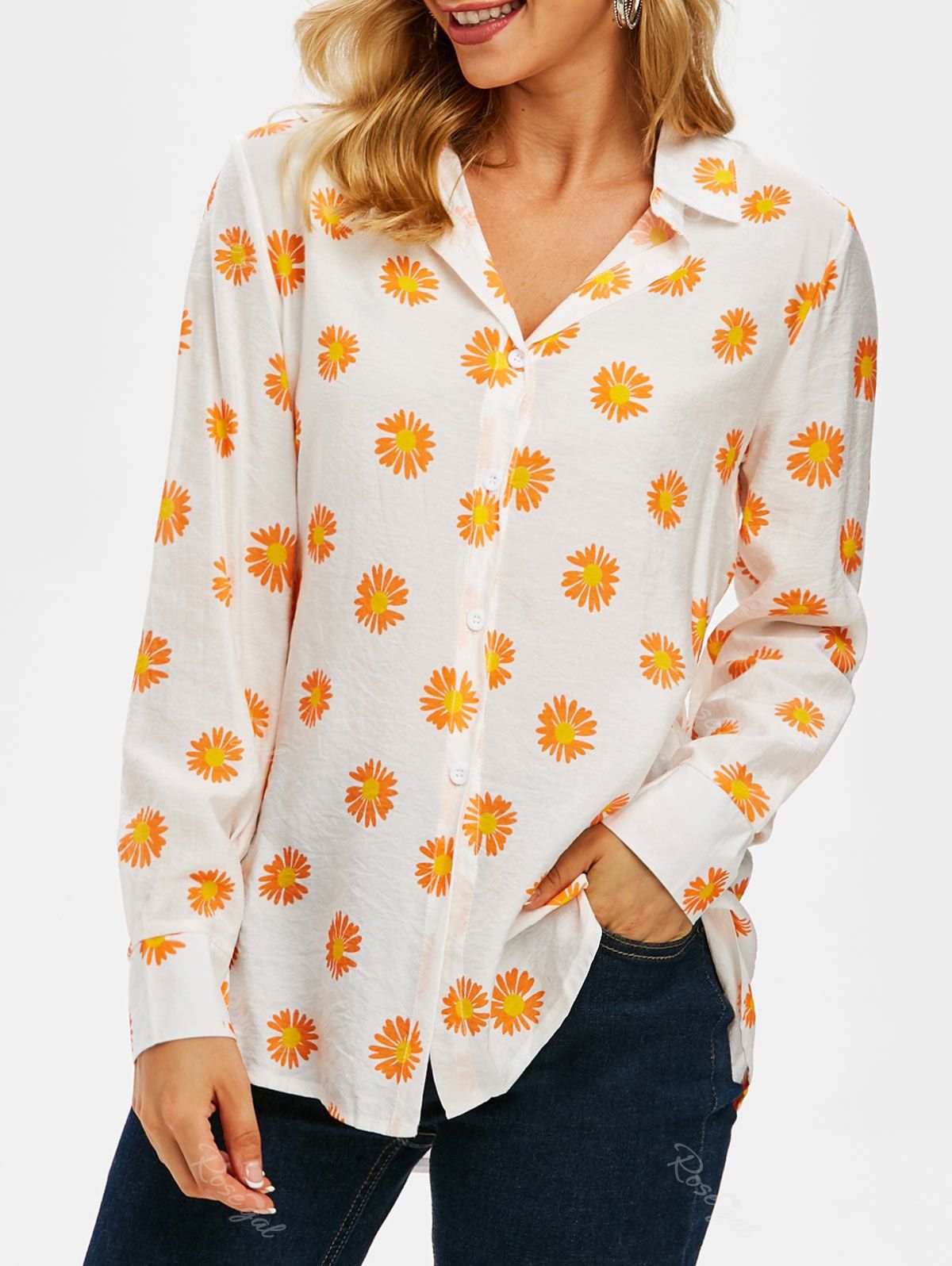 Fashion Button Up Daisy Print Shirt  