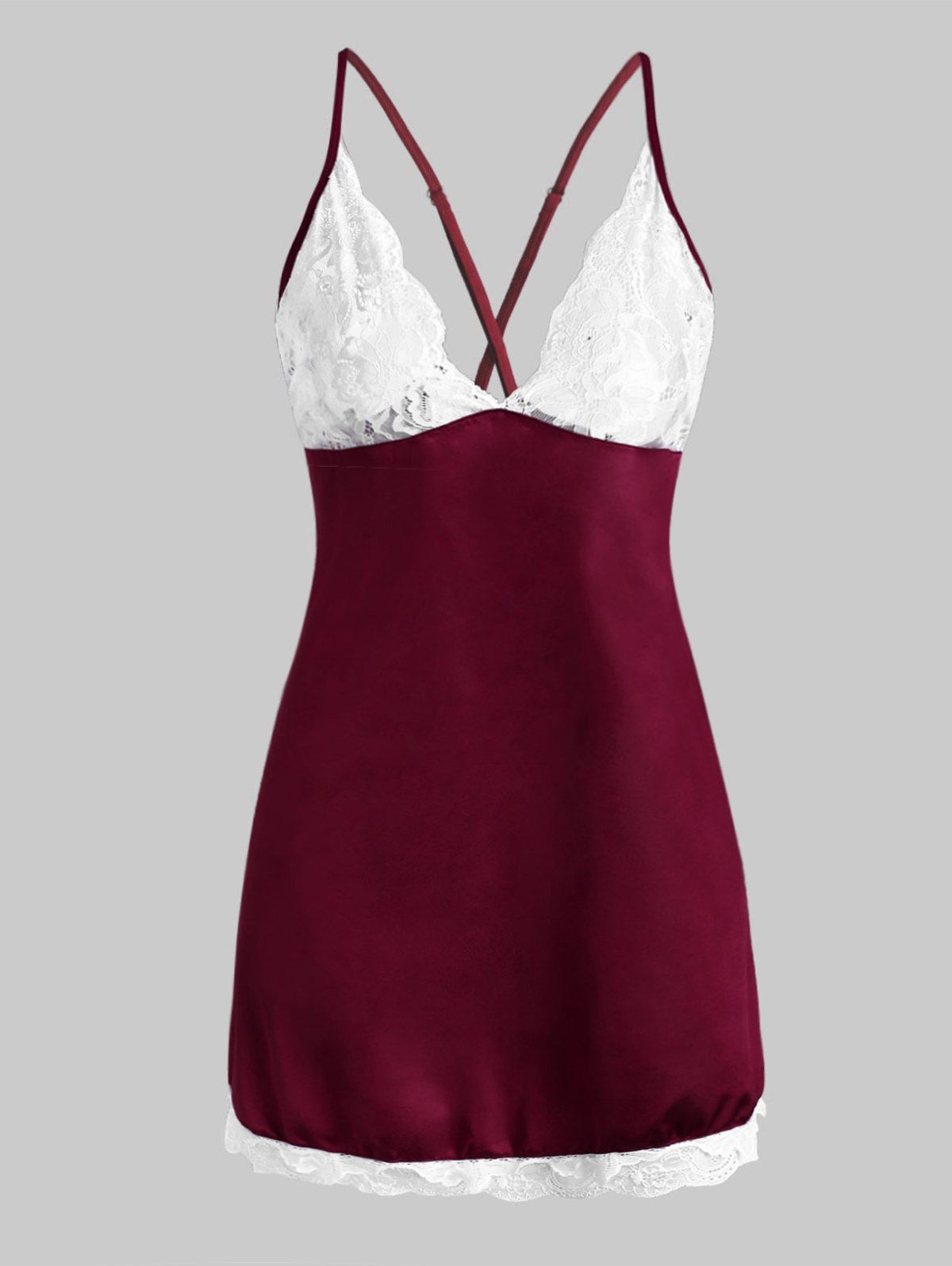 

Plus Size Lace Insert Crisscross Backless Lingerie Dress, Deep red