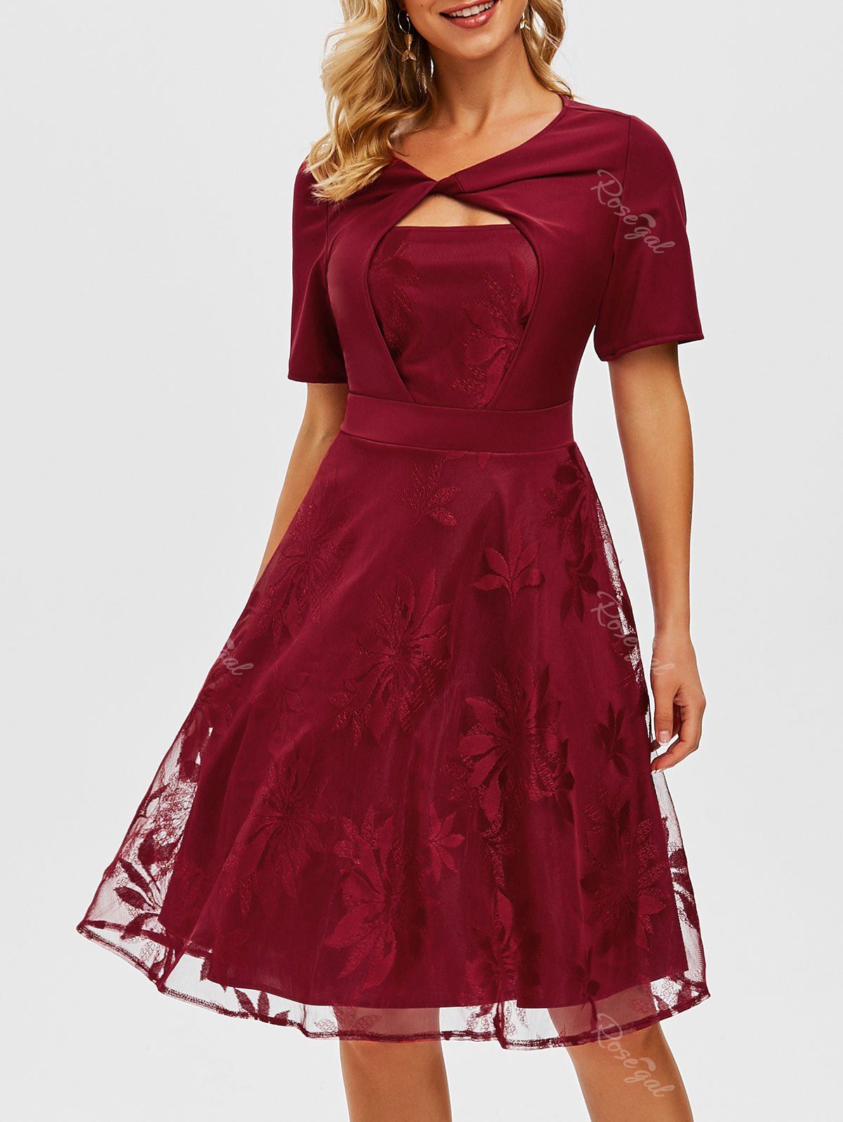 Outfit Twisted Keyhole Lace Overlay Dress  