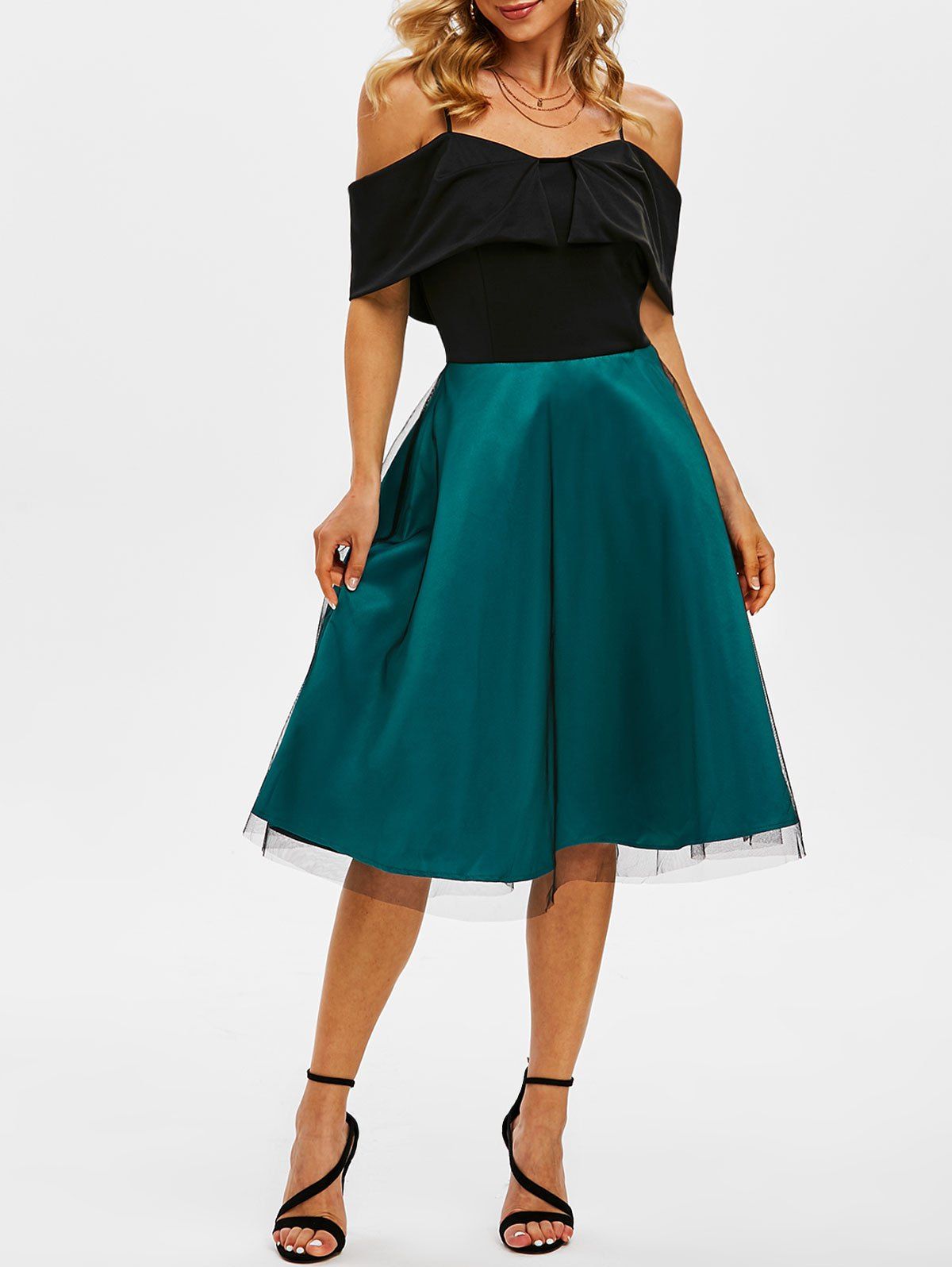 

Lace Overlay Cami Cold Shoulder Colorblock Dress, Deep green