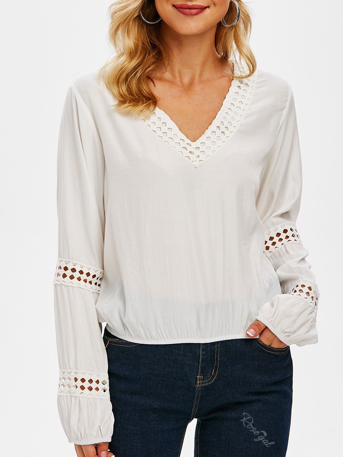 

V Neck Crochet Trim Elastic Hem Blouse, White