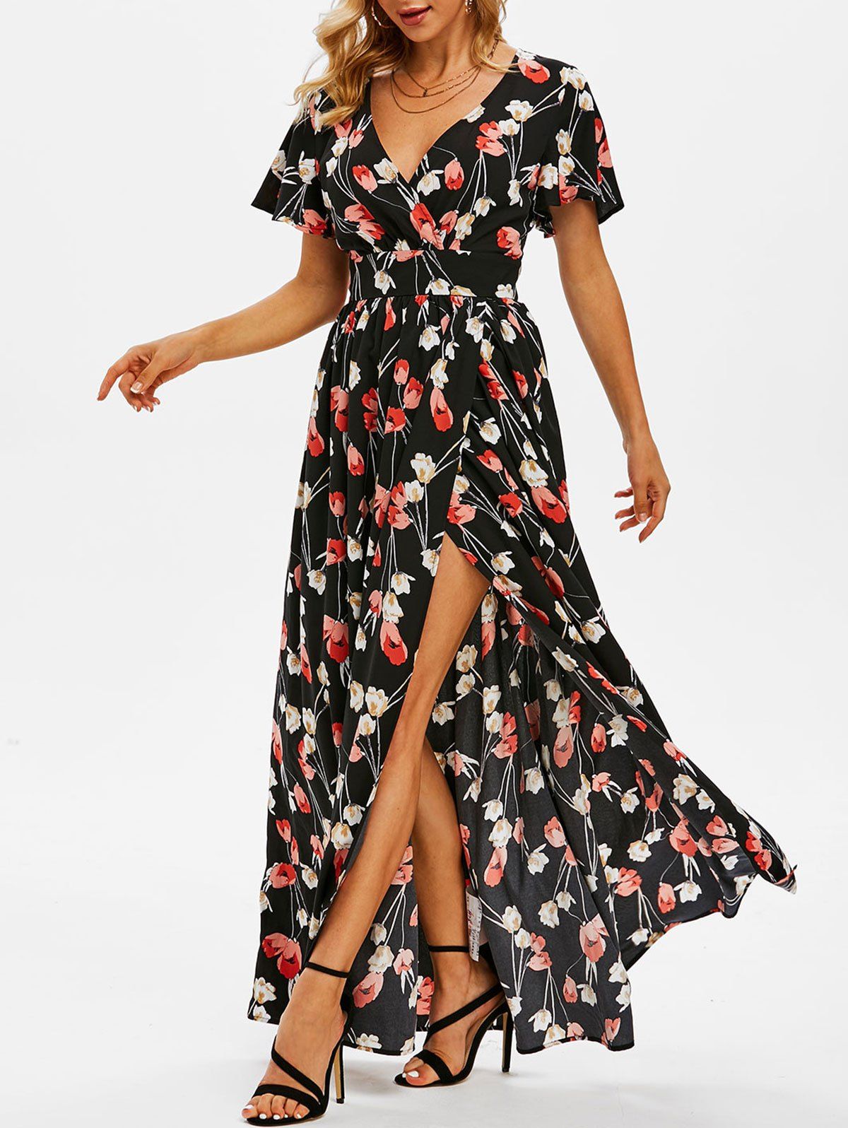 

Floral Print Back Slit Surplice Maxi Dress, Black