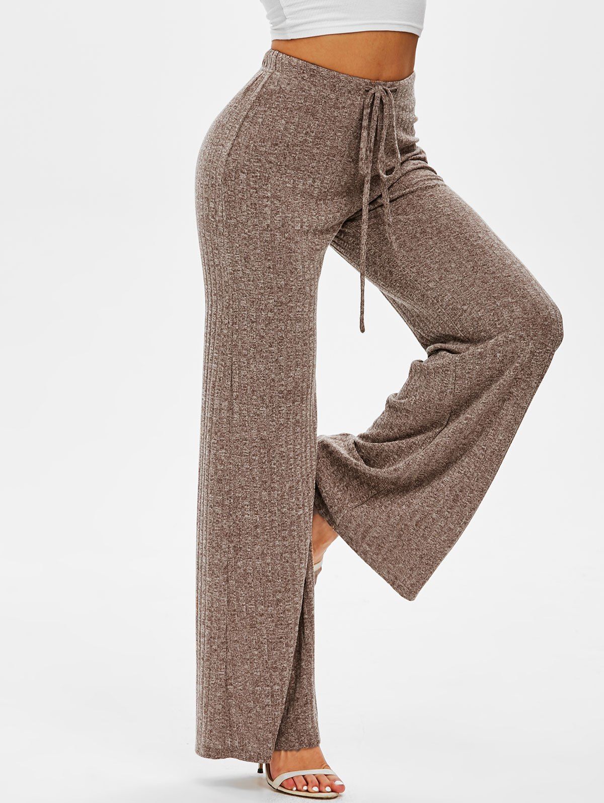 

Drawstring Ribbed Wide Leg Pants, Brown