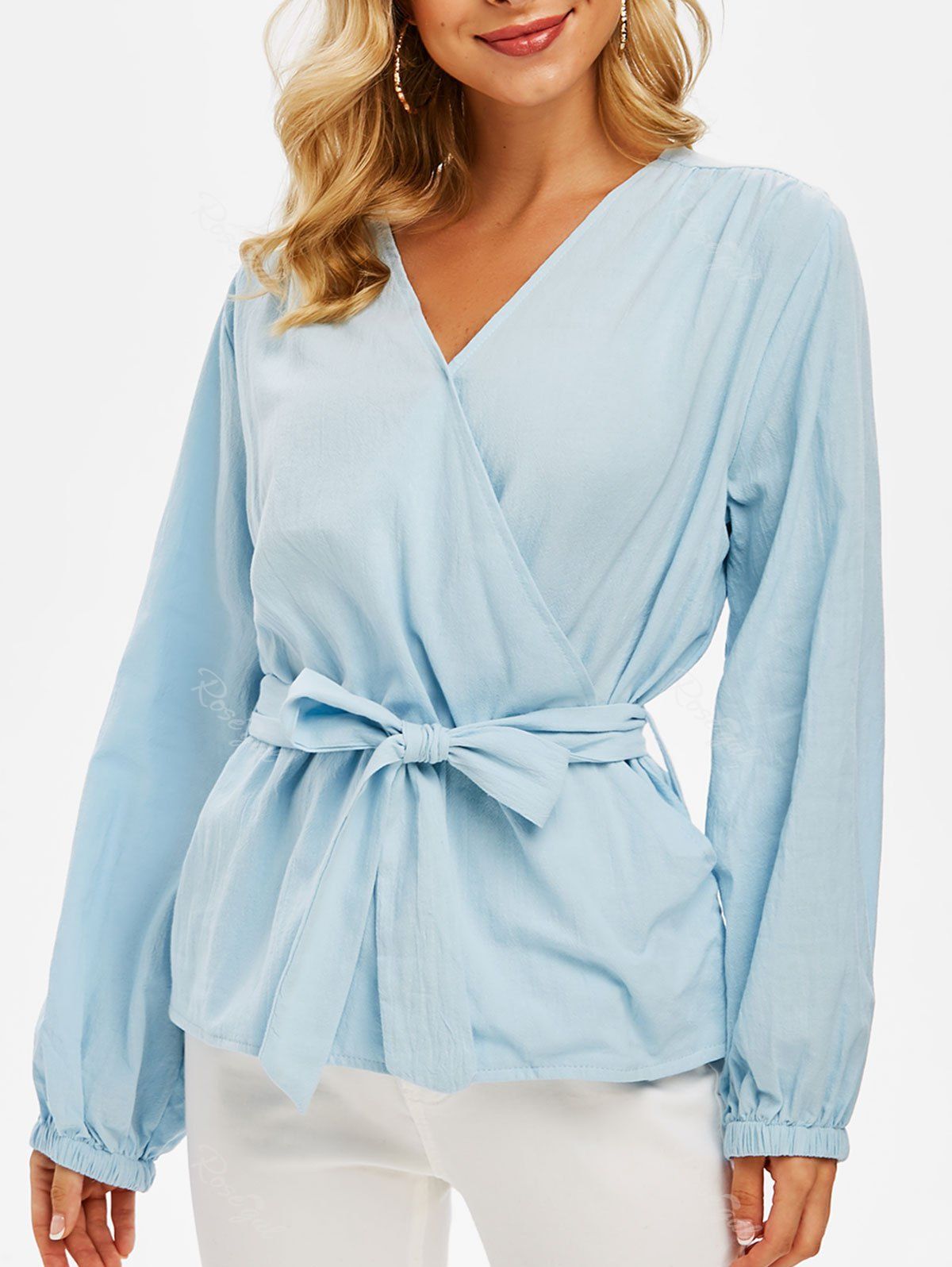 Affordable Solid Belted Surplice Blouse  